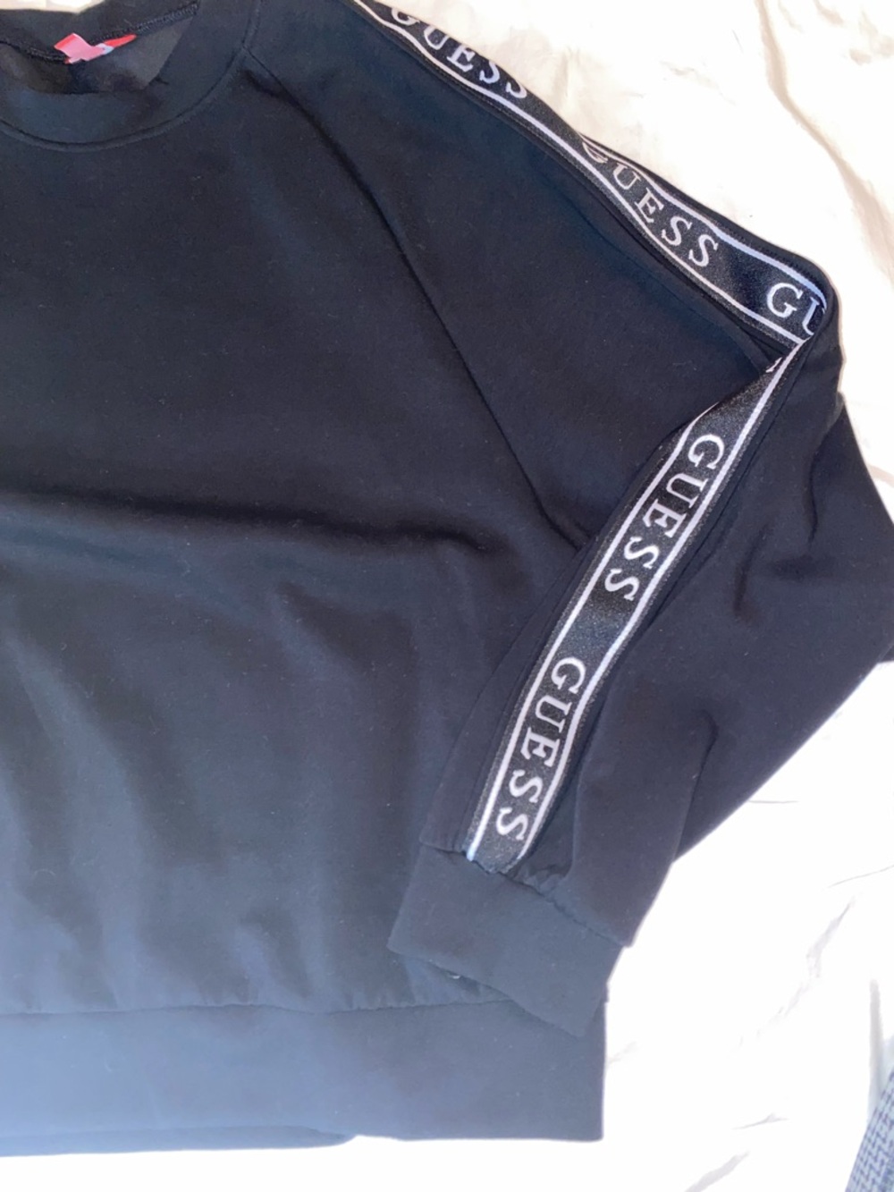 GUESS Black Crewneck Sweatshirt with Logo Sleeve Tape - Picture 2 of 4